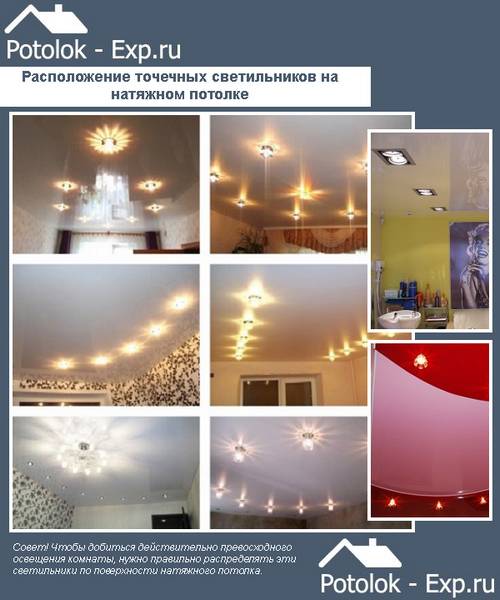Расположение точечных светильников на натяжном потолке - фото